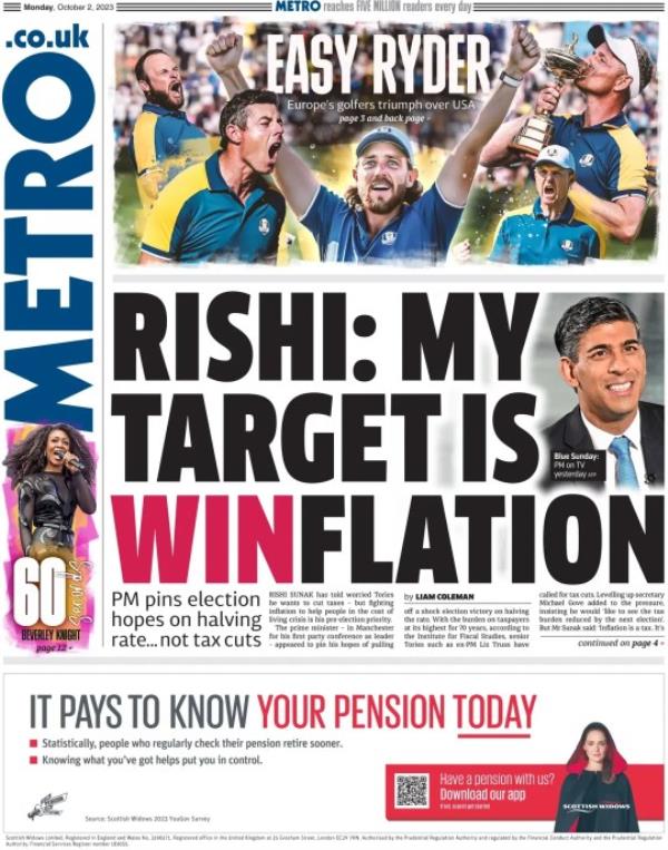 Metro newspaper front page