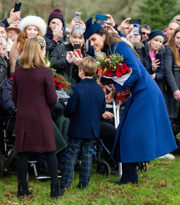 Mia Tindall, Prince Louis of Wales and Catherine, Princess of Wales attending Christmas morning service at Sandringham Church.