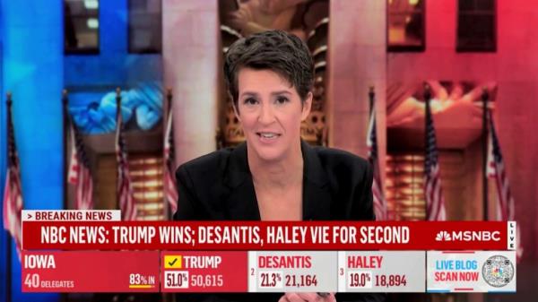 Rachel Maddow on air, reporting on the Iowa caucus.