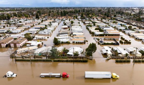 A flooded neighborhood in Merced, California on Jan. 10, 2023 due to rain brought by atmospheric rivers.