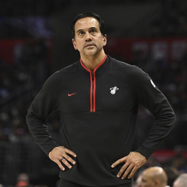 Miami Heat head coach Erik Spoelstra looks over during the second half of an NBA basketball game against the Los Angeles Clippers during the second half of an NBA basketball game on Jan. 1, 2024 in Los Angeles.  