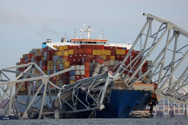 A view of the Dali cargo vessel which crashed into the Francis Scott Key Bridge