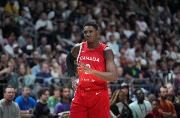 RJ Barrett reacts during Canada's win over Germany on Aug. 13.