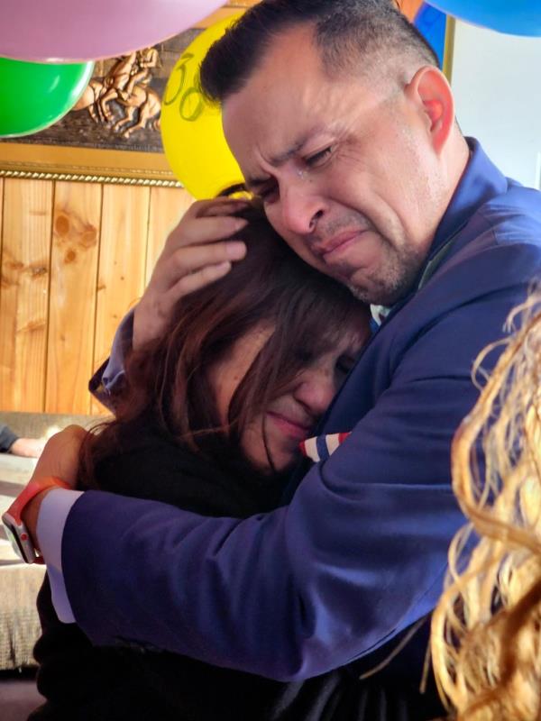 Jimmy Thyden, right, hugs Maria Angelica Gonzalez, his Chilean birth mother, as they meet for the first time in Valdivia, Chile on Aug. 17, 2023.