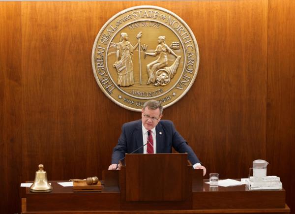 Speaker of the North Carolina House of Representatives Tim Moore speaks before an imminent debate.