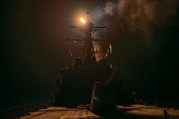 A missile is launched from a warship during the US-led coalition operation against military targets in Yemen, aimed at the Iran-backed Houthi militia that has been targeting internatio<em></em>nal shipping in the Red Sea, from an undisclosed location on Jan. 12, 2024. 