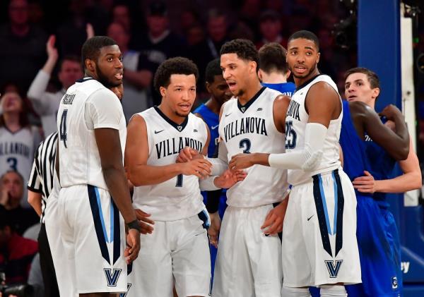 Eric Paschall #4, Jalen Brunson #1, Josh Hart #3 and Mikal Bridges #25 of the Villanova Wildcats react against the Creighton Bluejays during the Big East Basketball Tournament - Champio<em></em>nship at Madison Square Garden on March 11, 2017.