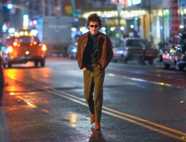 Timothee Chalamet is seen on location for the Bob Dylan biopic titled 'A Complete Unknown' on March 24, 2024 in New York City. 