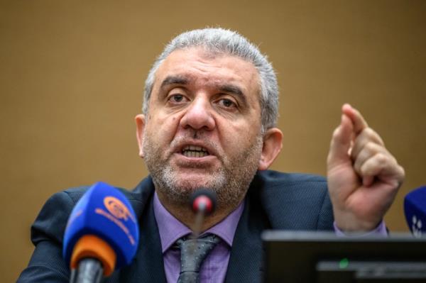 Lebanon Labor Minister Mustafa Bayram, gestures during a press co<em></em>nference after filing a complaint to the Internatio<em></em>nal Labour Organization against Israel over the pager and walkie-talkie attacks carried out in last September, in Geneva on November 6, 2024.