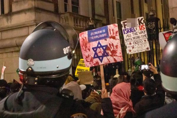 Police enter an area wher<em></em>e fenced off Pro-Palestinian protesters gather and arrrested at least one person near 1165h St  Amsterdam Ave near Columbia University on Saturday evening.