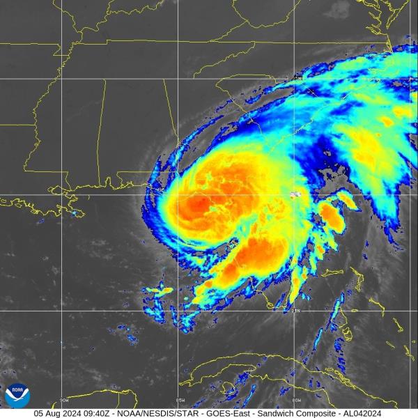 Satellite image of Hurricane Debby approaching Florida's Big Bend, expected to make landfall on August 5, 2024