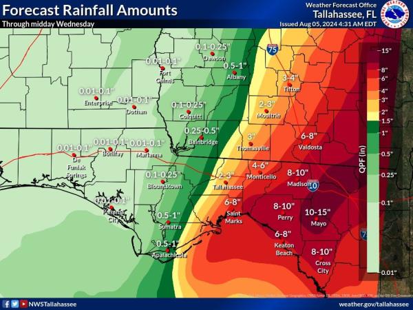 Map of the United States showing forecast rainfall associated with Hurricane Debby on Treasure Coast