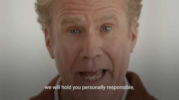 Will Ferrell with curly hair jokingly threatening to hold voters respo<em></em>nsible in a Kamala Harris ad