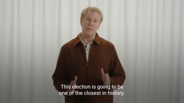 Will Ferrell in a brown jacket appearing in a Kamala Harris ad, being critiqued for jokingly threatening voters