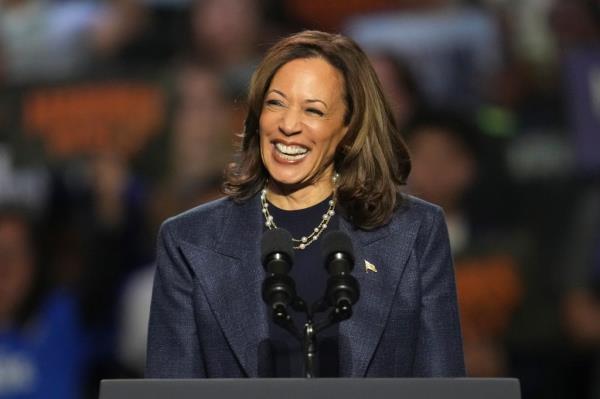 Vice President Kamala Harris delivering a speech at a campaign rally at Michigan State University, 2024