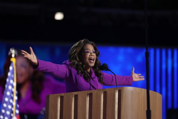 Talk show host Oprah Winfrey speaks during the third day of the Democratic Natio<em></em>nal Co<em></em>nvention in Chicago, on Wednesday, Aug. 21, 2024. 
