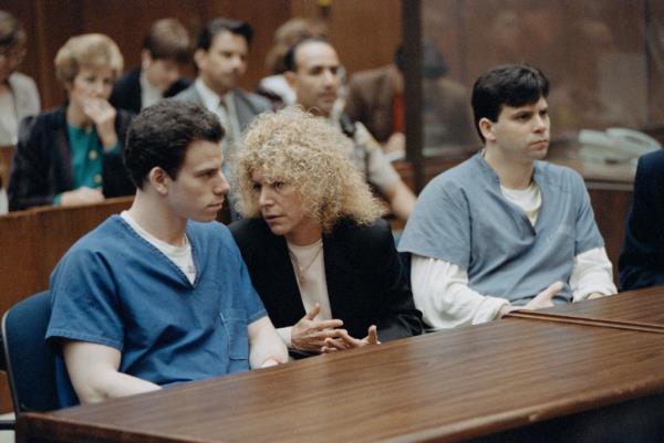 Trial of the Menendez brothers in Los Angeles - From left to right : Erik Menendez with his attorney : Leslie Abramson and his brother Lyle Menendez. Los Angeles, 9th March 1994. 