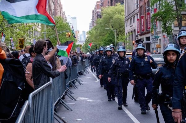 A photo of NYPD cops in riot gear earlier this mo<em></em>nth during a Pro-Palestine  student protest.