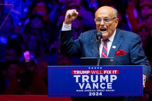 Rudy Giuliani speaking at a Trump rally in Madison Square Garden, New York on October 27, 2024