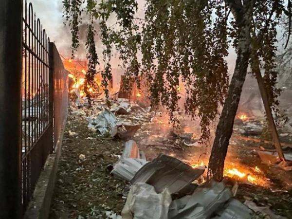 In this photo provided by the Kyiv City Hall Press Service, a fire following a Russian rocket attack is seen in Kyiv, Ukraine, Thursday, Sept. 21, 2023. (Kyiv City Hall Press Service via AP)