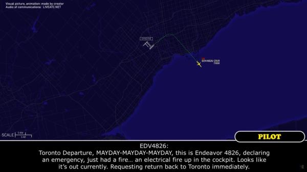 A screengrab of the flight trajectory with audio of the radio call the pilot made to Toro<em></em>nto airport officials.