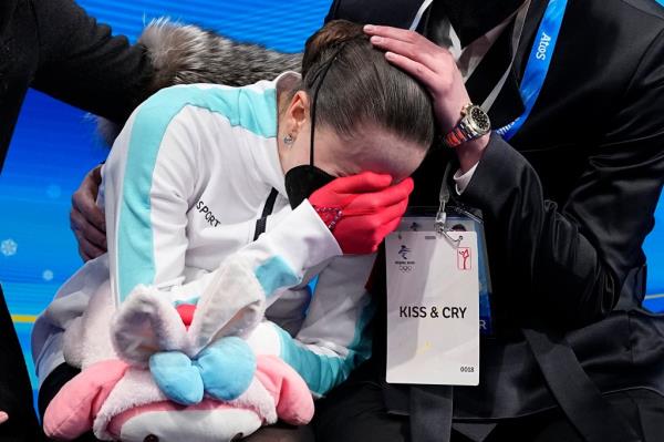 Kamila Valieva, of the Russian Olympic Committee, reacts after competing in the women's free skate program during the figure skating competition at the 2022 Winter Olympics, on Feb. 17, 2022