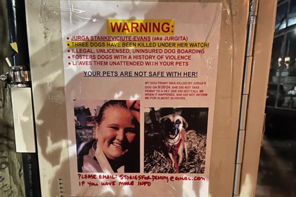 A flyer warning dog owners a<em></em>bout Jurga Stankeviciute-Evans 