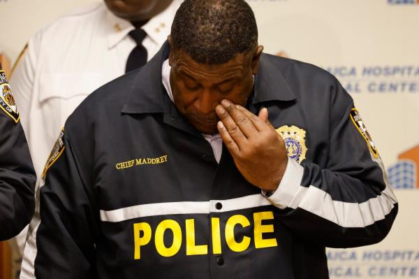 NYPD Chief of the Department Jeffrey Maddrey at Jamaica Hospital in Queens, crying at presser after NYPD officer Jo<em></em>nathan Diller, was fatally shot