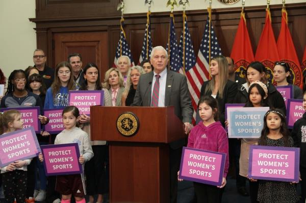 Nassau County Executive Bruce Blakeman at a press co<em></em>nference with children, at the Theodore Roosevelt Building at 1550 Franklin Avenue in Mineola, Long Island, NY.