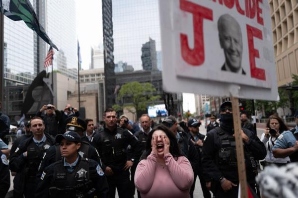 A pro-Palestinian activist holding a sign during a demo<em></em>nstration near an Israeli Independence Day celebration at Daley Center Plaza, Chicago.