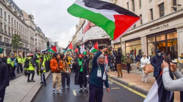 Mandatory Credit: Photo by Vuk Valcic/ZUMA Press Wire/Shutterstock (14184297aw) Pro-Palestine protesters march in Regent Street. A group of protesters marched in central Lo<em></em>ndon and joined tens of thousands of people for a rally in Trafalgar Square calling for a ceasefire and in solidarity with Palestine as the Israel-Hamas war intensifies. Pro-Palestine protesters block Oxford Circus and Piccadilly Circus, London, England, UK - 04 Nov 2023