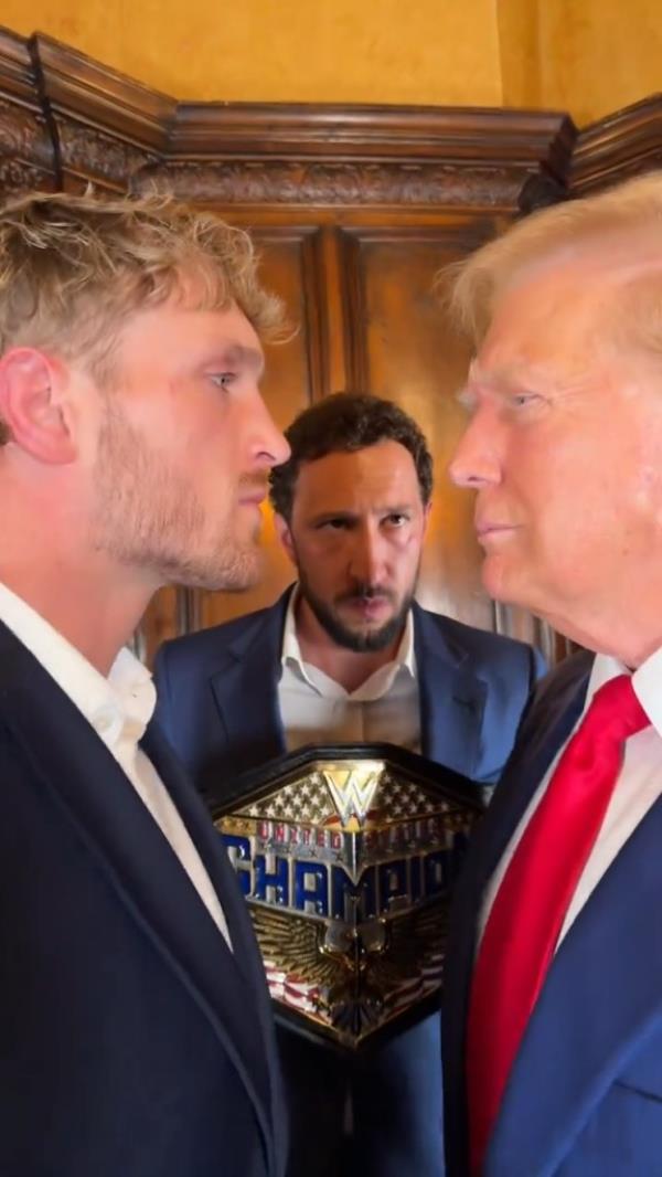 Do<em></em>nald Trump and Logan Paul in suits, Do<em></em>nald Trump gifting Logan Paul a mugshot t-shirt