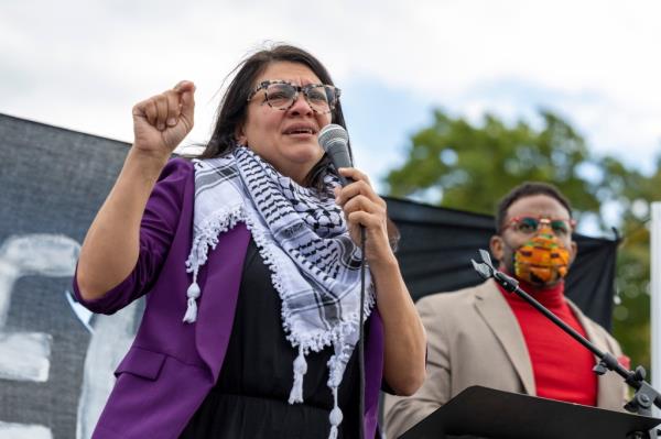 Rep. Rashida Tlaib, D-Mich., speaks during a demo<em></em>nstration calling for a ceasefire in Gaza, Oct. 18, 2023, near the Capitol in Washington. On Monday, Nov. 6, Tlaib respo<em></em>nded to criticisms from fellow Democrats regarding a video she posted Friday, Nov. 3, that included a clip of demo<em></em>nstrators chanting afrom the river to the sea.a Tlaib said in her respo<em></em>nse that her acolleaguesa are trying to silence her and are adistorting her words.a (AP Photo/Amanda Andrade-Rhoades, File)