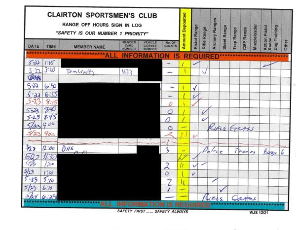 The Clairton Sportsmen's Club logbook from May 22 and 23 -- when Crooks and DHS both trained at the range.