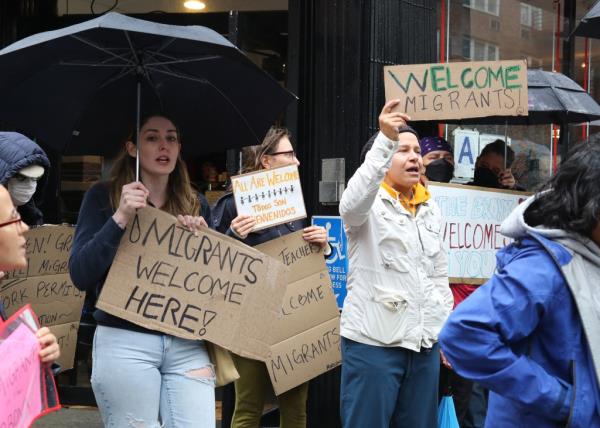 Counter-protesters at anti-migrant rally in the Bronx.