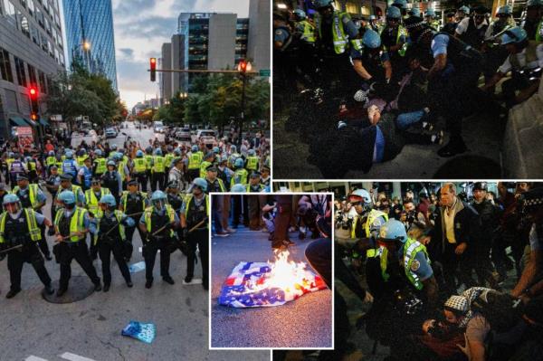 Chicago police officers clashing with protesters near the consulate.