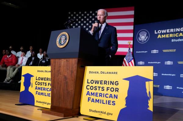 President Joe Biden speaks a<em></em>bout student loan debt relief at Delaware State University, Friday, Oct. 21, 2022, in Dover, Del.