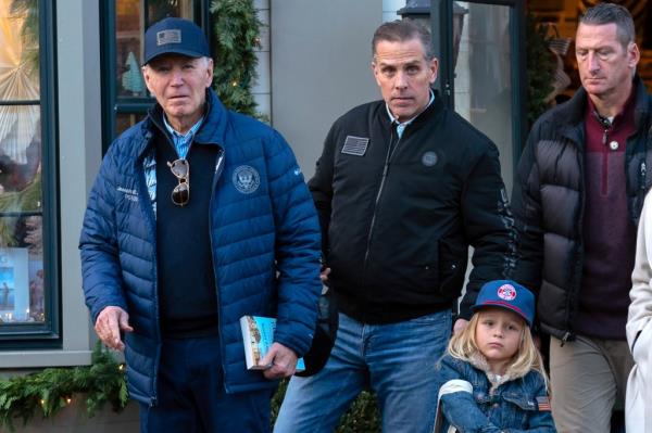 President Joe Biden, his son Hunter, and grandson Beau exiting a bookstore in downtown Nantucket, Mass. on Nov. 29, 2024