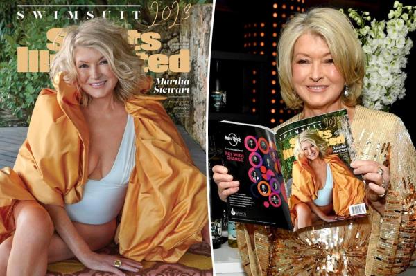 Photo of Martha Stewart in a sequined gown reading a magazine. 