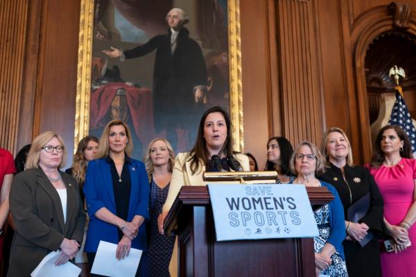 House Republican Co<em></em>nference Chair Elise Stefanik, R-N.Y., speaks as GOP women members hold an event before the vote to prohibit transgender women and girls from playing on sports teams that match their gender identity, at the Capitol in Washington, Thursday, April 20, 2023.