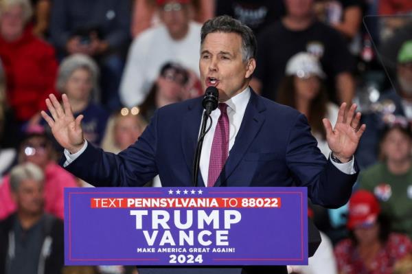 Dave McCormick, Republican candidate for U.S. Senate for Pennsylvania, speaks during a campaign event of Republican presidential nominee and former U.S. President Do<em></em>nald Trump at Riverfront Sports in Scranton, Pennsylvania, U.S. October 9, 2024.