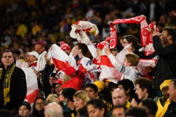 Mandatory Credit: Photo by Steven Markham/Speed Media/Shutterstock (14056286ai) English fans celebrate their goal during the Women's World Cup Semi Final football match between the Australia Matildas and England at Stadium Australia on August 16, 2023 in Sydney, Australia. Women's World Cup Semi Final - Australia v England, Stadium Australia, Sydney, NSW, Australia - 16 Aug 2023