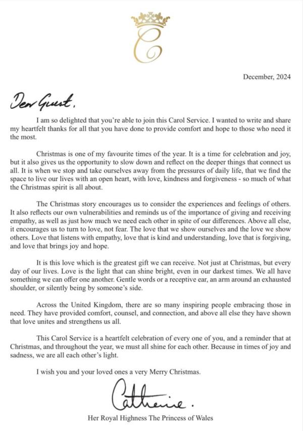 The heartfelt letter Middleton shared with guests attending the event.