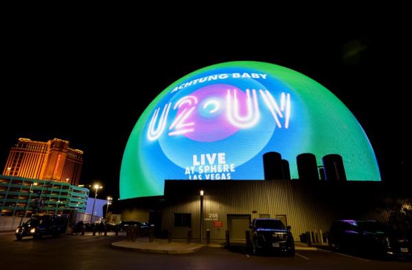 The Sphere is seen during the opening night with U2:UV Achtung Baby Live co<em></em>ncert at the Venetian Resort in Las Vegas, Nevada.