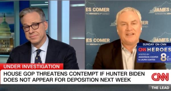 A screen shot of the anchor Jake Tapper on the left and Rep. James Comer on the right appearing on CNN.