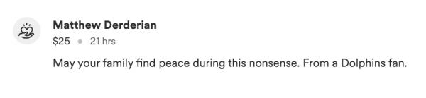 A screengrab of Matthew Derderian's comment on the GoFundMe.