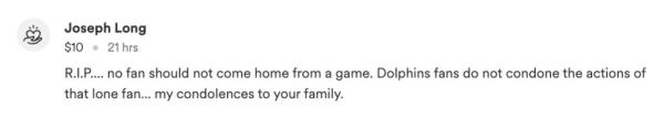 A screengrab of Dolphin fan Joseph Long's comment on a GoFundMe set up for Mooney's family.