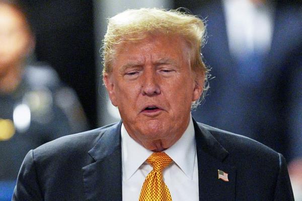 Former President Do<em></em>nald Trump speaks to press as the jury ends its first day of deliberations in the hush mo<em></em>ney trial filed against him by DA Bragg, in New York, U.S., May 29 2024