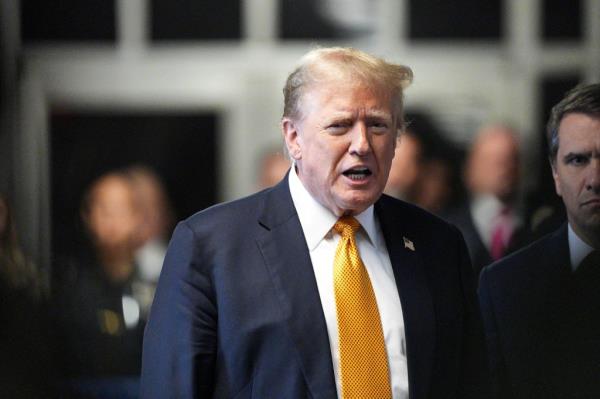 Former President Do<em></em>nald Trump speaks to press as the jury begin deliberations in the hush mo<em></em>ney trial filed against him by DA Bragg