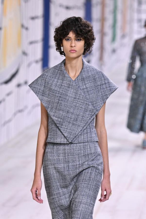 Gray wool set on model on runway